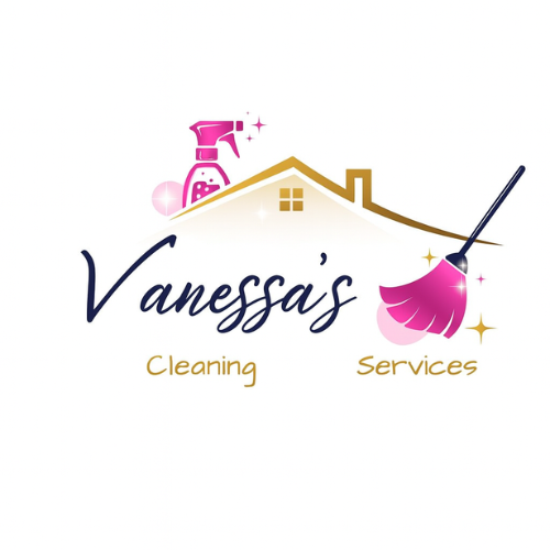 Vanessa's Cleaning Services logo with spray bottle and pink broom